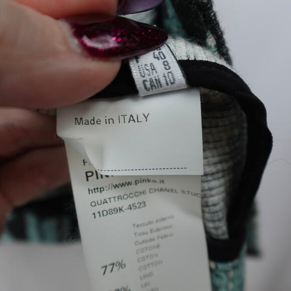 PINKO Rhinestone Collar Cropped Jacket Sz 8 Aqua Blue Black Linen Blend Evening - Picture 11 of 13